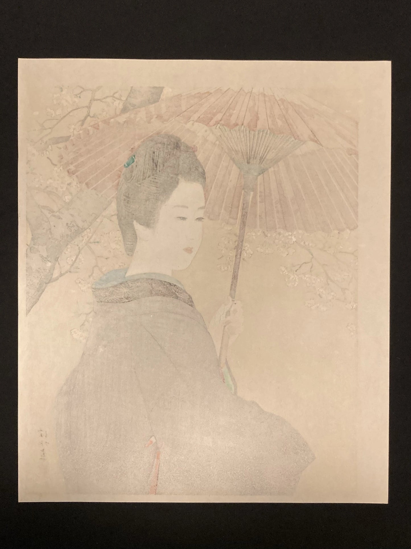 Reverse side of an Ito Shinsui Japanese print on traditional washi paper, showing subtle ink impressions characteristic of authentic Ukiyo-e woodblock craftsmanship.