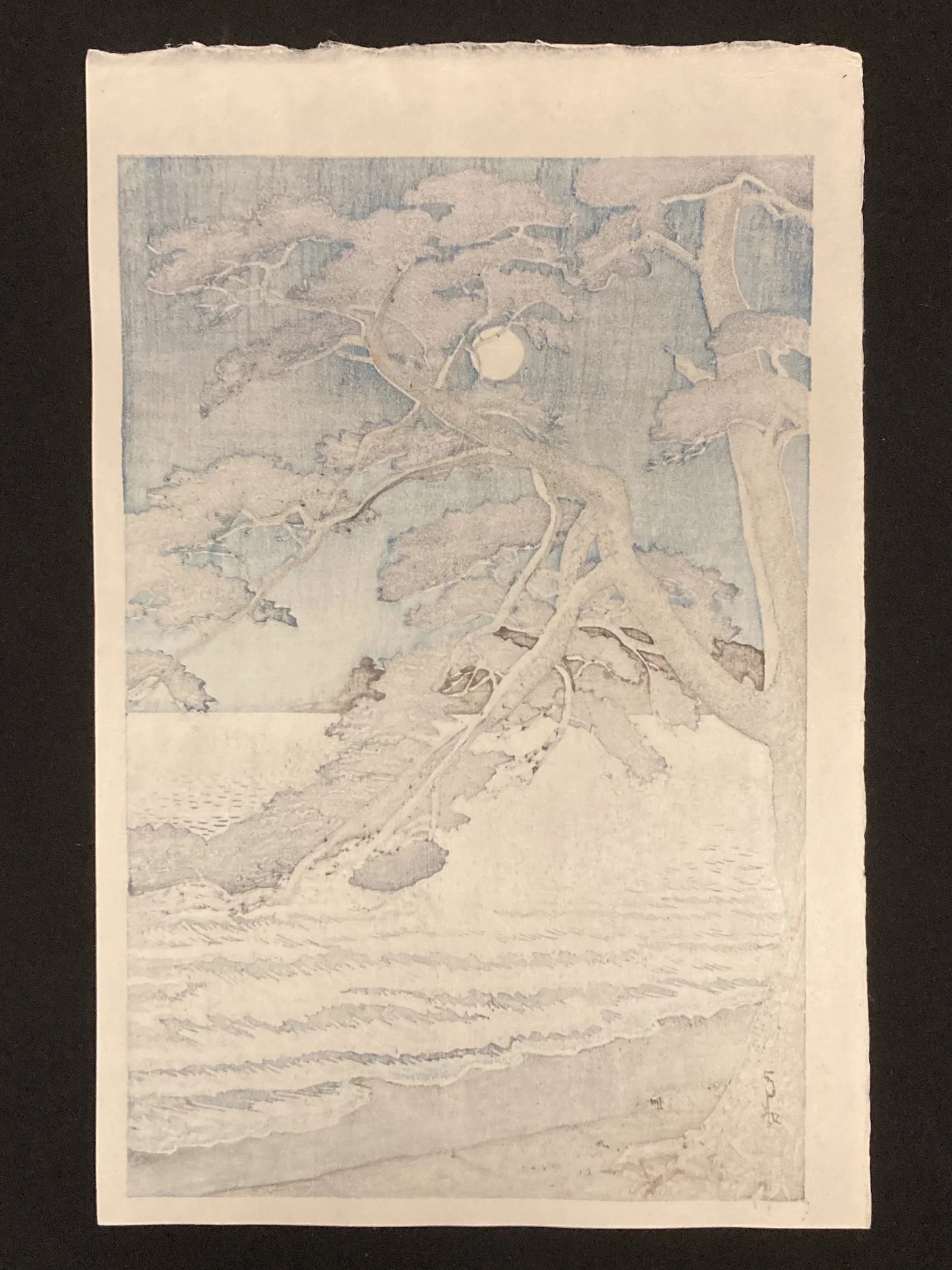 Back of Kawase Hasui’s Enoshima Beach print, traditional washi paper with light ink visibility, typical of Shin-hanga era Japanese prints.