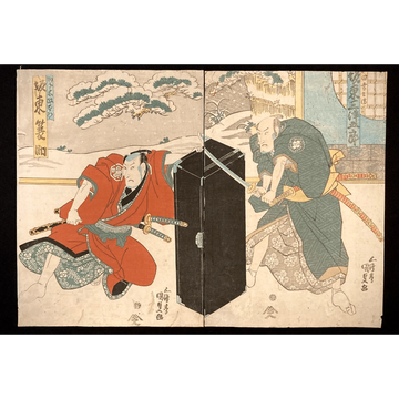 Dramatic Japanese woodblock diptych by Utagawa Kunisada showing two samurai in a snowy duel—one crouching behind a chest, the other advancing with sword drawn, in classic Ukiyo-e style.