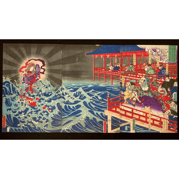Full triptych view showing a divine woman emerging from the sea at left, with figures watching from a red bridge or temple on the right under a night sky.