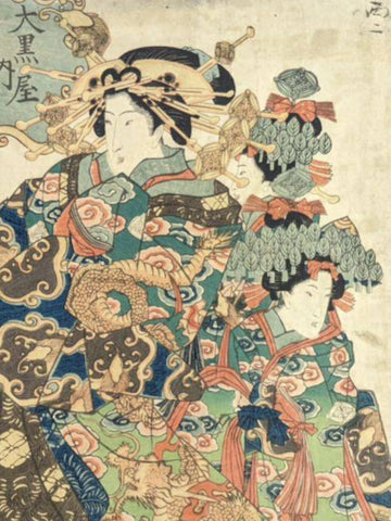 Close-up of intricate kimono fabric and headdress details in Utagawa Tominobu’s ukiyo-e print of three women.