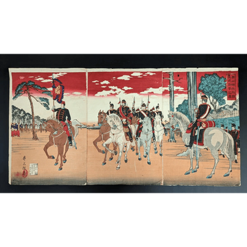 Triptych of Meiji-era cavalry review at Aoyama Parade Ground, featuring mounted soldiers in ceremonial uniforms by Inoue Tankei.