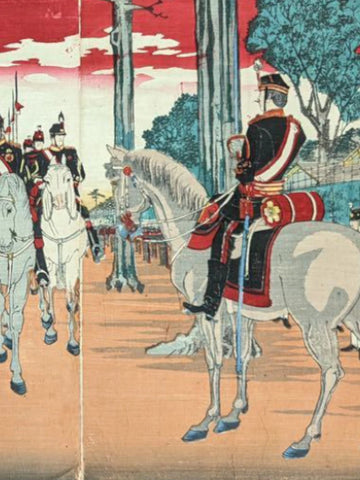 Close-up of detailed horses and soldiers in ceremonial dress from Inoue Tankei’s Meiji cavalry parade triptych.