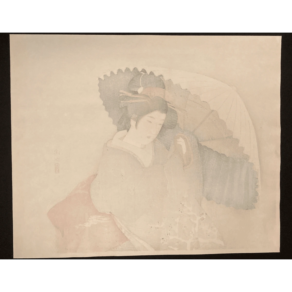 Back of Ito Shinsui’s Japanese print showing washi paper with delicate color bleed, typical of traditional woodblock printing techniques.