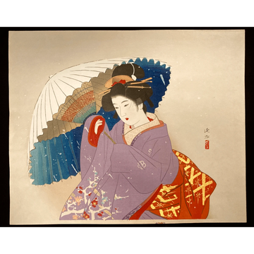 Japanese art print by Ito Shinsui depicting a graceful woman in kimono holding a large umbrella, set against a soft, snowy or rainy backdrop in muted purples and blues.
