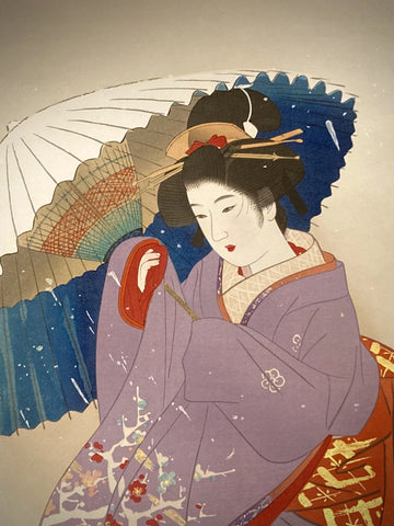 Close-up of Japanese artwork showing kimono fabric and umbrella detail from Ito Shinsui’s portrait of a woman in a serene, weathered landscape.