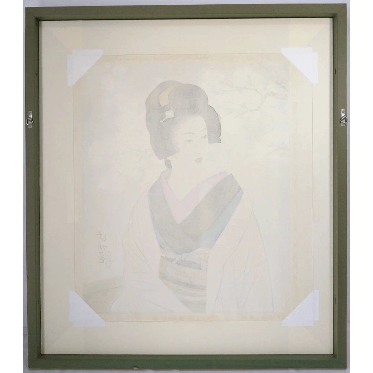 Back view showing delicate kimono layers and snowy branches in Ito Shinsui’s tranquil geisha woodblock print.