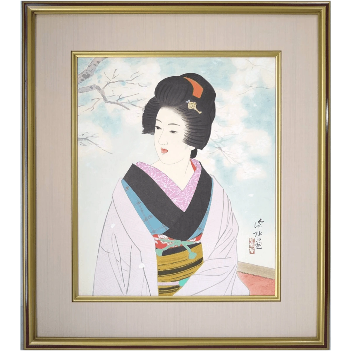 Ito Shinsui woodblock print of a serene geisha in white kimono with red hair ornament against a snowy winter background.