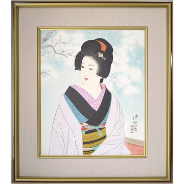 Ito Shinsui woodblock print of a serene geisha in white kimono with red hair ornament against a snowy winter background.