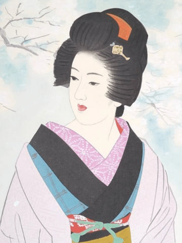 Close-up of geisha’s red hair ornament and soft kimono textures in Ito Shinsui’s elegant winter print.