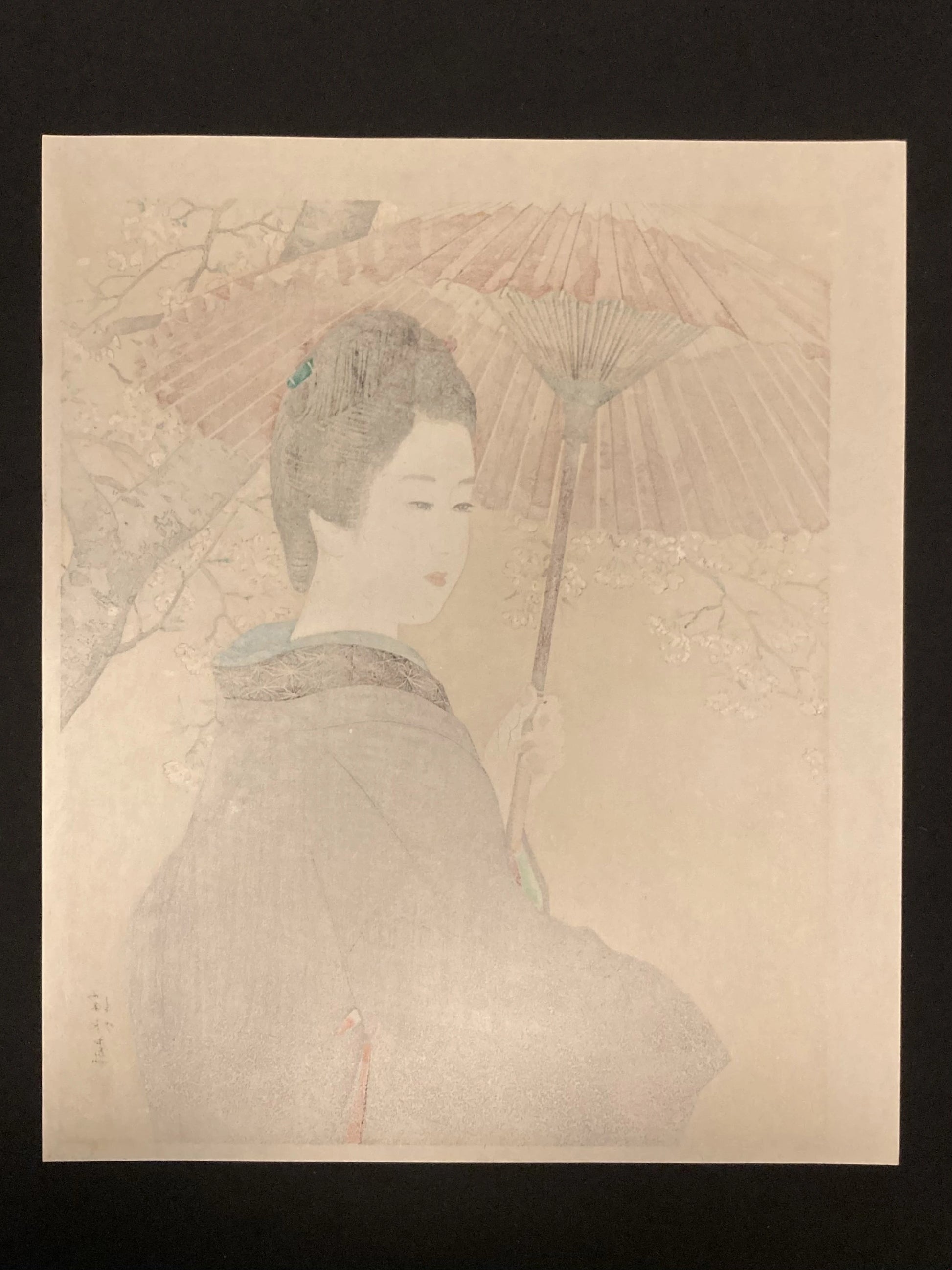 Reverse side of an Ito Shinsui Japanese print on traditional washi paper, showing subtle ink impressions characteristic of authentic Ukiyo-e woodblock craftsmanship.