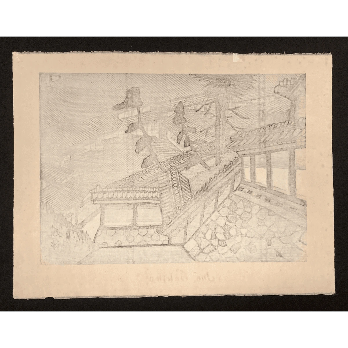Back of Junichiro Sekino’s 1974 townscape print, printed on washi paper with visible ink bleed-through, characteristic of modern Japanese artwork.