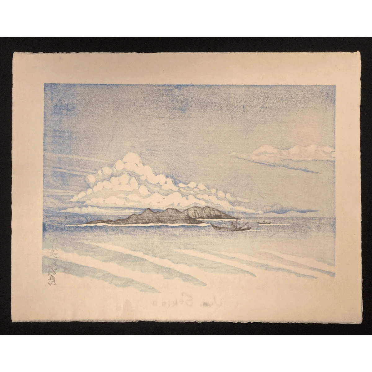 Bleed through of distant view highlighting the expansive horizon and cloud-streaked sky above a peaceful ocean.