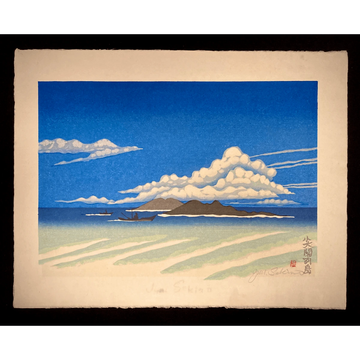 Full view of a minimalist seascape near the Senkaku Islands, with boats on tranquil waters under a soft blue sky.