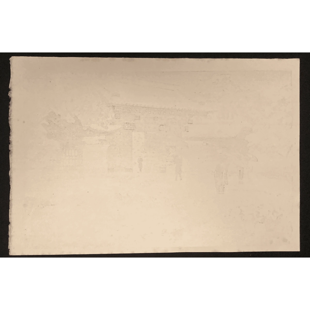 Back of Kasamatsu Shiro’s snow scene print, showing traditional washi paper with soft ink bleed-through, typical of early 20th-century Japanese prints.