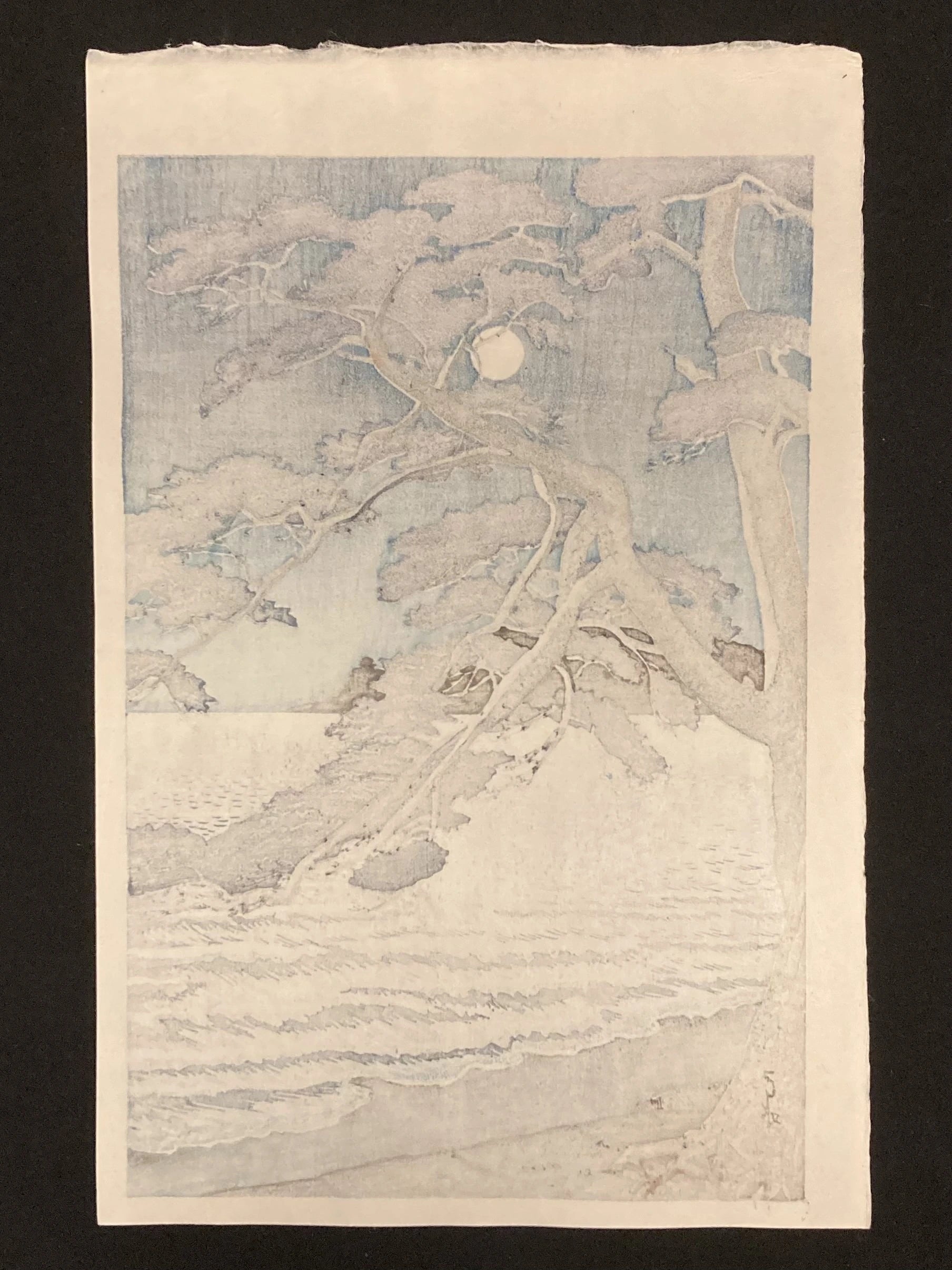 Back of Kawase Hasui’s Enoshima Beach print, traditional washi paper with light ink visibility, typical of Shin-hanga era Japanese prints.