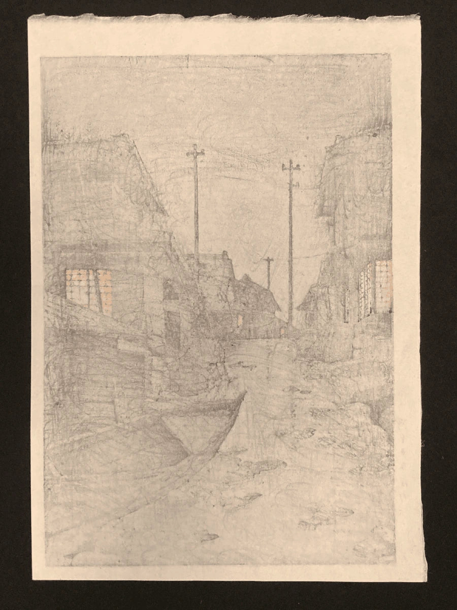 Rear view of flooded village alley with wooden houses, glowing windows, and drifting rowboat under rain by Kawase Hasui.