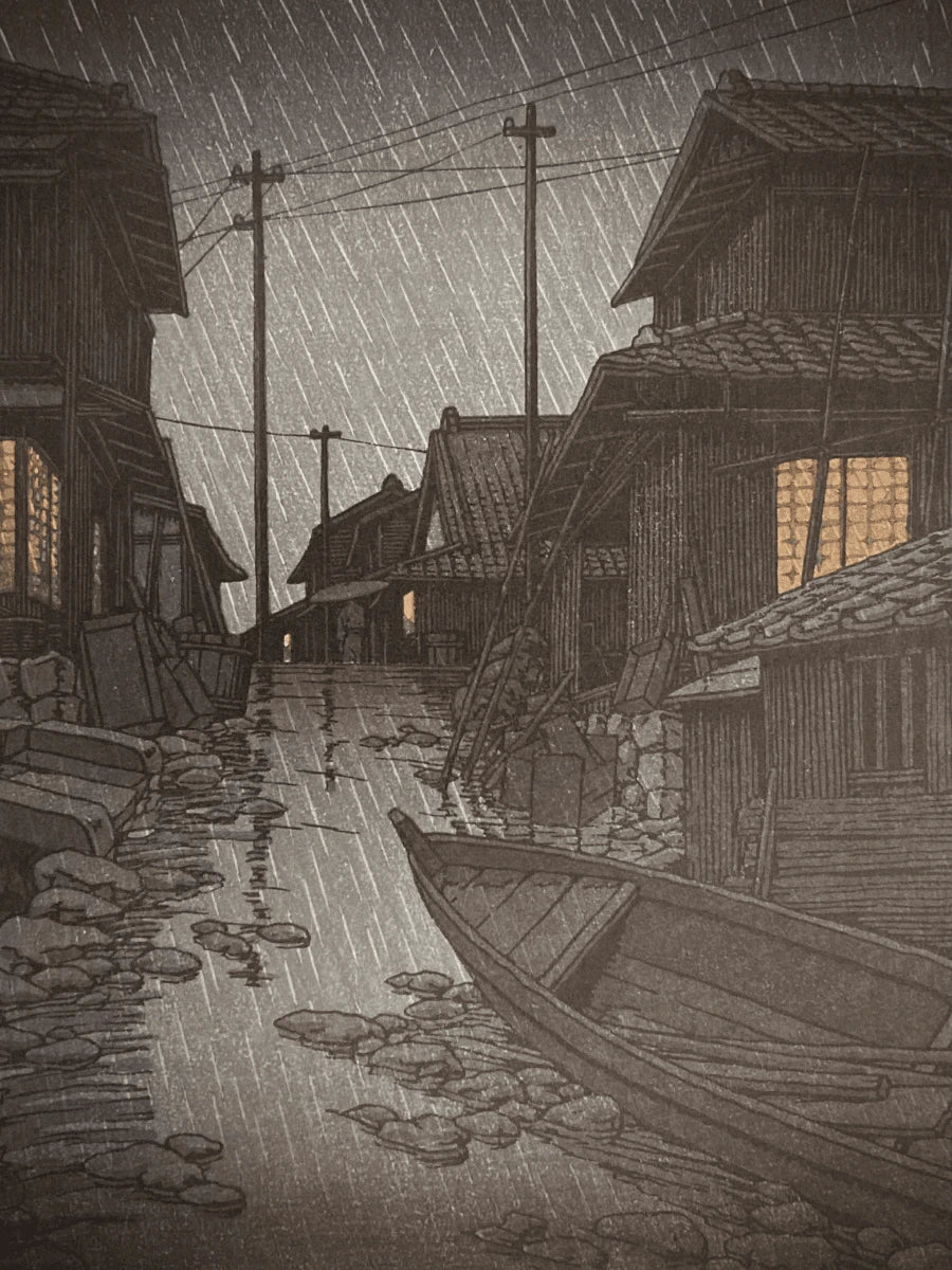 Close-up of rain falling on a glowing window and wet wooden wall in a peaceful, rainy Japanese village scene by Kawase Hasui.