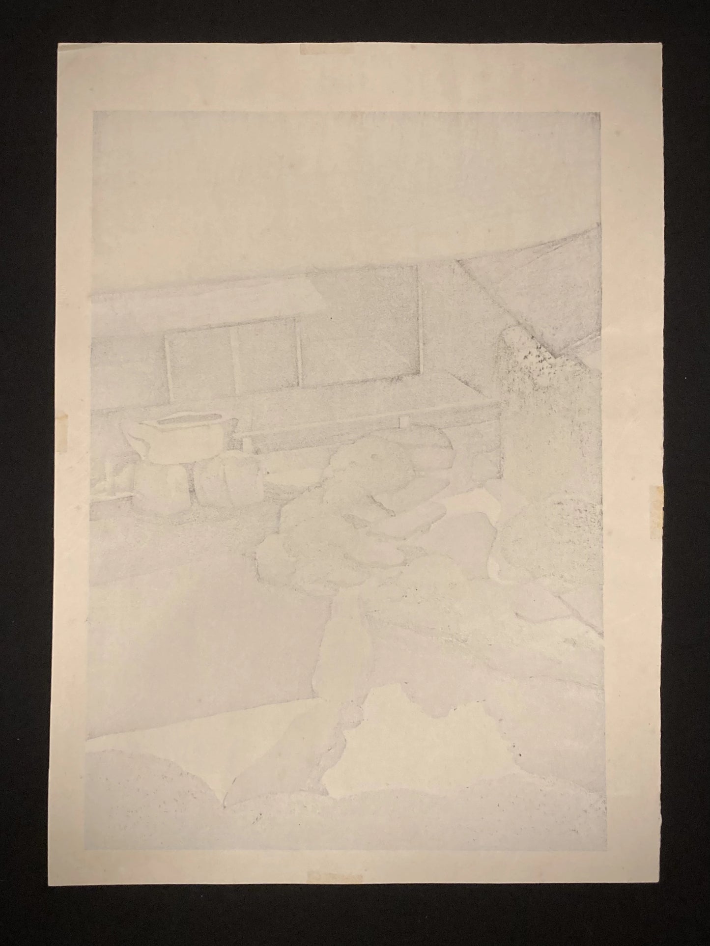 Back of Chijakiun woodblock print by Masao Ido, thin washi paper showing color bleed-through typical of traditional Japanese printmaking.