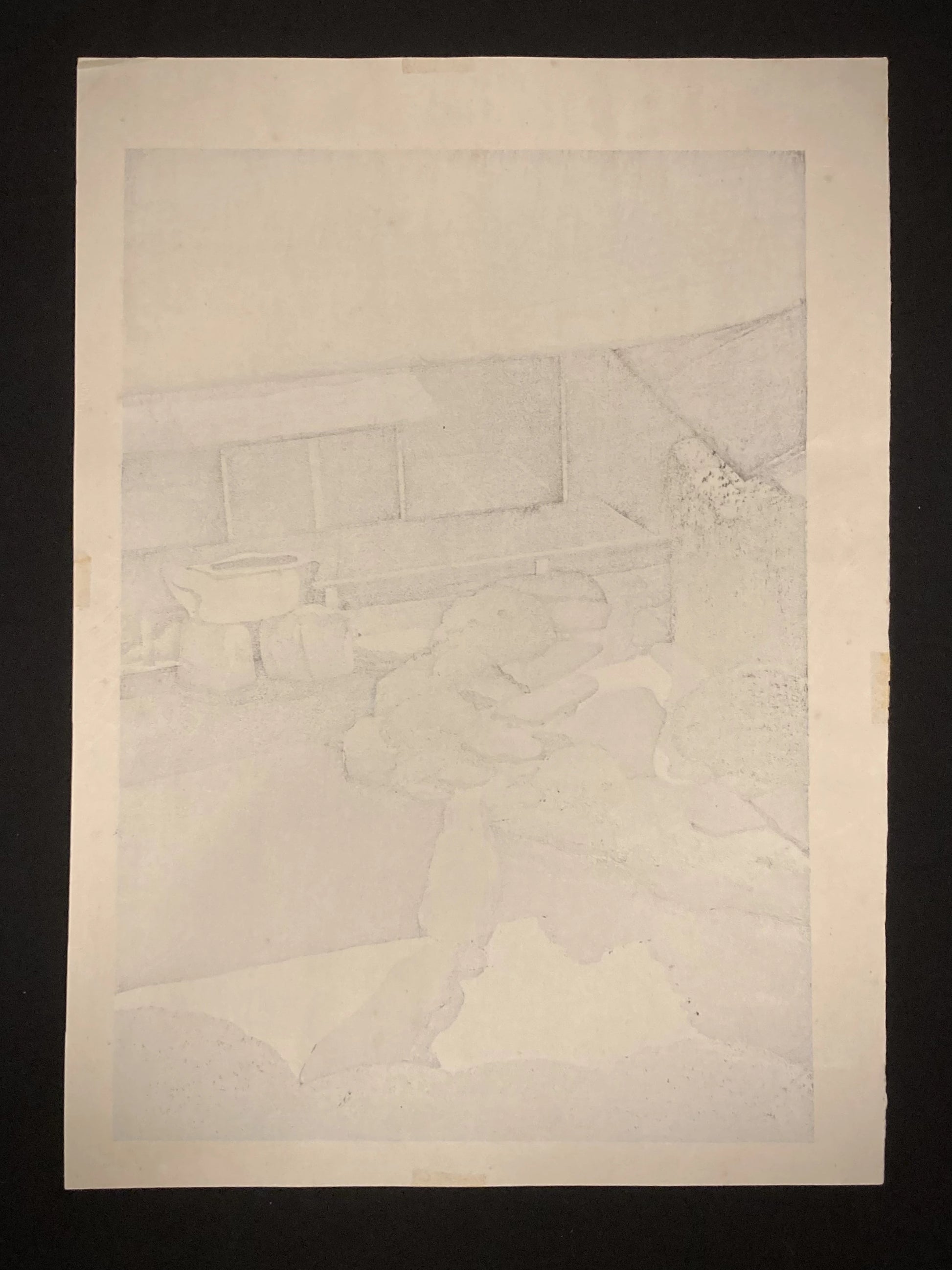 Back of Chijakiun woodblock print by Masao Ido, thin washi paper showing color bleed-through typical of traditional Japanese printmaking.