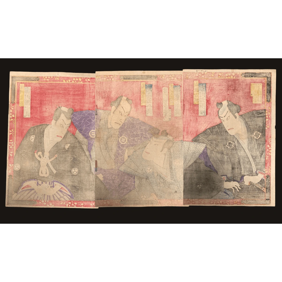 Reverse of the triptych print, showing aged washi paper, seam lines between panels, and possible publisher or censor marks from the Meiji era.