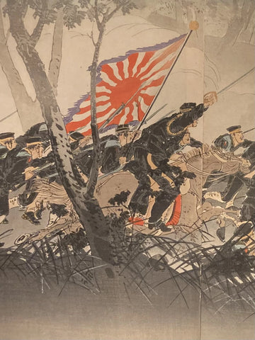 Close-up of Japanese soldier gripping a rifle and charging uphill, with determined expression and rising sun flag waving behind—capturing intense wartime emotion.