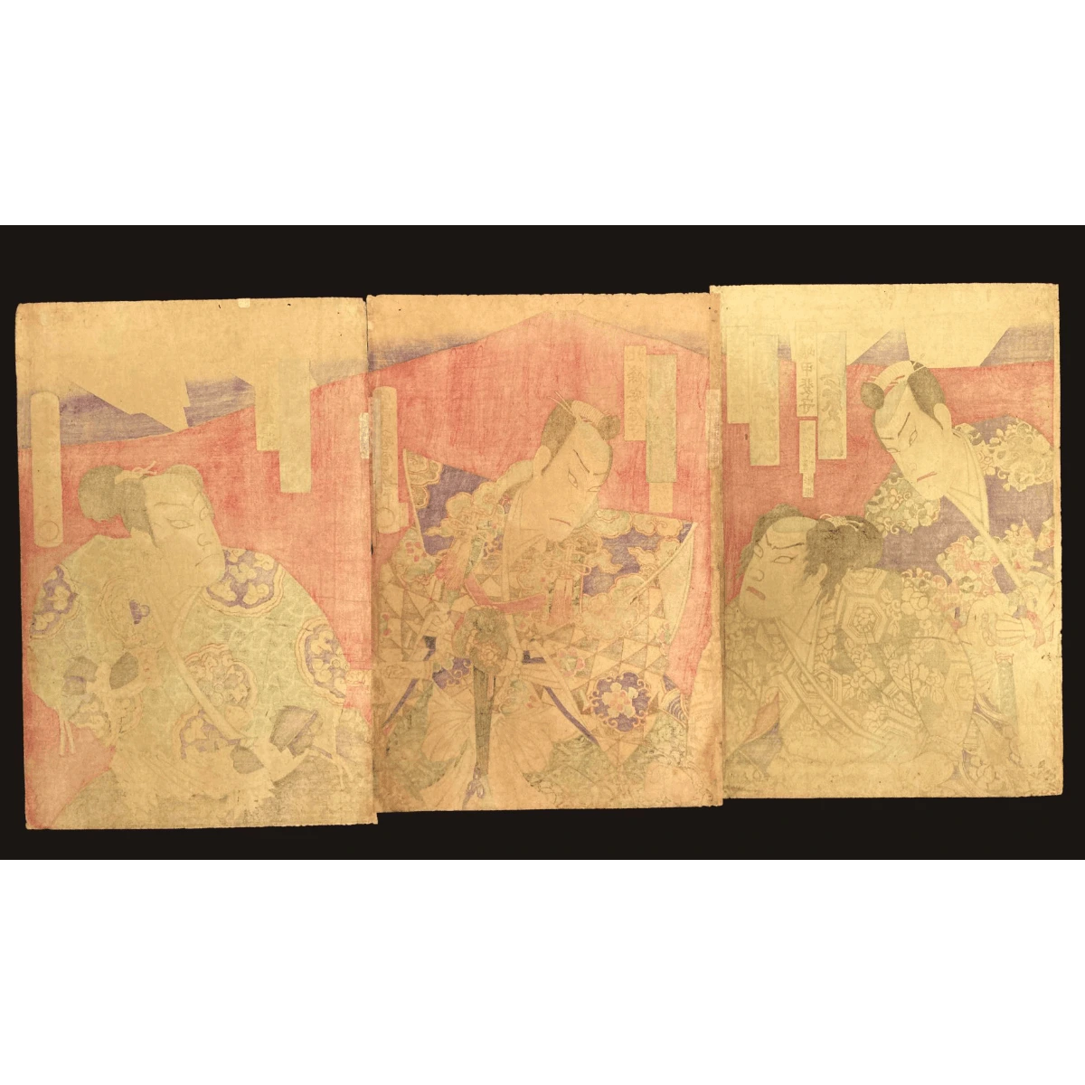 Reverse of the triptych woodblock print on aged washi paper, showing natural wear, faint pigment bleed, and signs of historical handling.