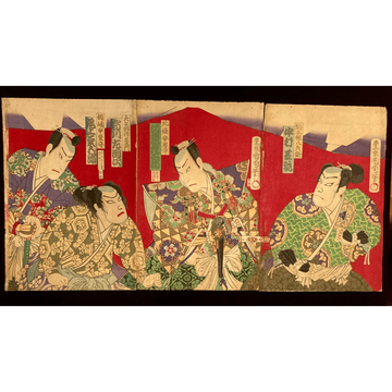 Full triptych ukiyo-e print by Kunichika showing four samurai in ornate kimonos set against a vivid red background, exuding theatrical tension.