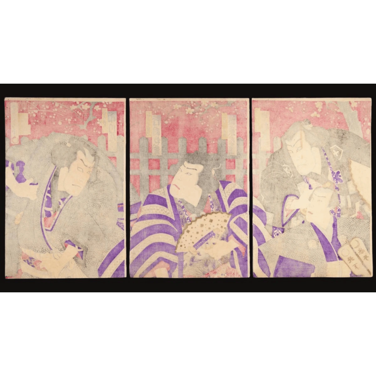 Back view of a vibrant Kabuki triptych featuring three actors in richly patterned kimonos and intense expressions by Toyohara Kunichika.