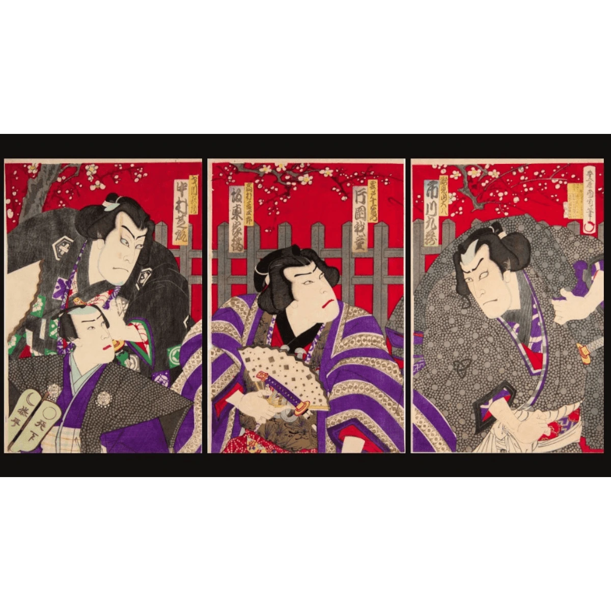 Triptych of Kabuki actors Daihachi Takimiyama, Jueman Kumo, and Hyozo Saigawa in dramatic poses with vibrant costumes by Toyohara Kunichika.