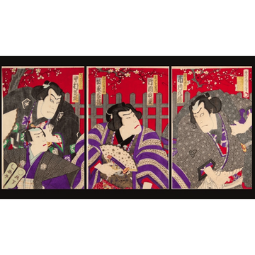 Triptych of Kabuki actors Daihachi Takimiyama, Jueman Kumo, and Hyozo Saigawa in dramatic poses with vibrant costumes by Toyohara Kunichika.