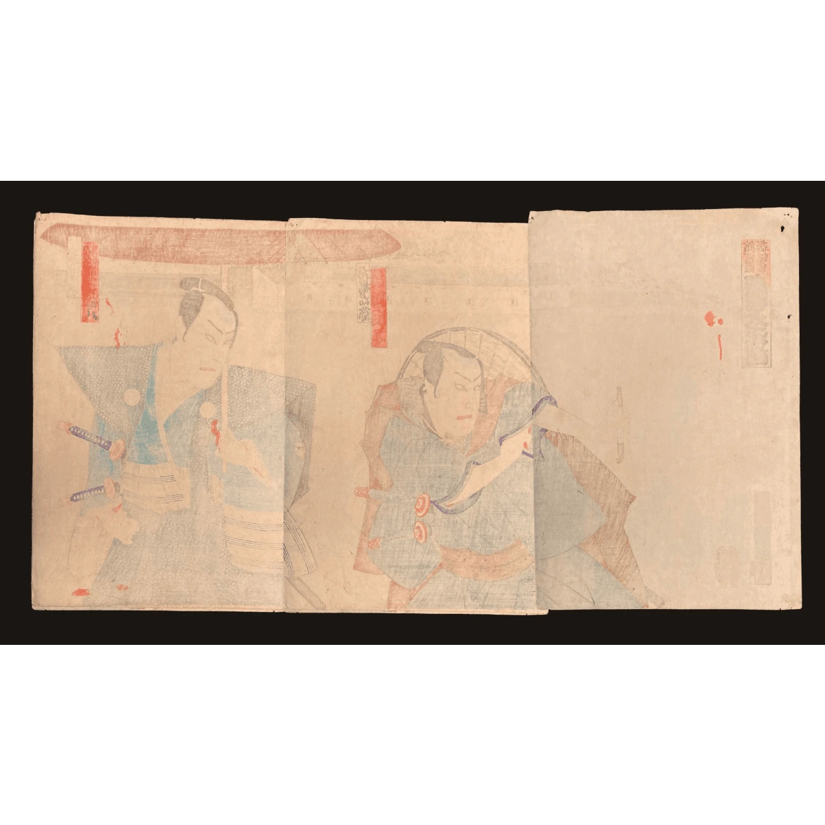 Reverse side of Kunichika’s triptych showing subtle paper texture and natural ink translucency, typical of aged Japanese prints on traditional washi.
