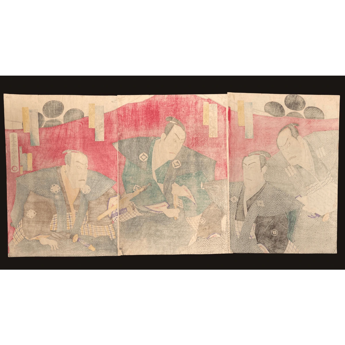 Reverse side of Toyohara Kunichika’s ukiyo-e triptych print, showing aged washi paper and structural backing characteristic of antique Japanese art prints.