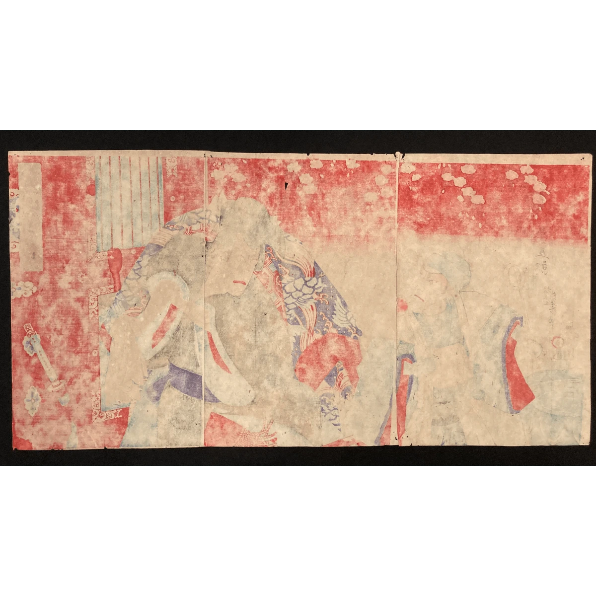 Back of vibrant Kabuki theater Japanese artwork, showing washi paper texture with visible pigment bleed, common in traditional woodblock prints.