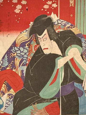 Close-up of Japanese art print showing Kabuki actor in teal robe with gourd patterns holding a ladle-like prop, intense expression and costume detail highlighted.