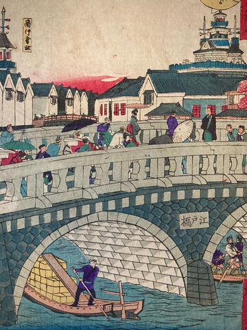 Close-up of Edo Bridge showing finely dressed figures walking and interacting, with intricate detailing of kimono patterns and architectural features.