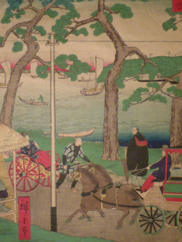 Close-up of horse-drawn carriage and figures by the water in Hiroshige III’s Namamugi ukiyo-e print.