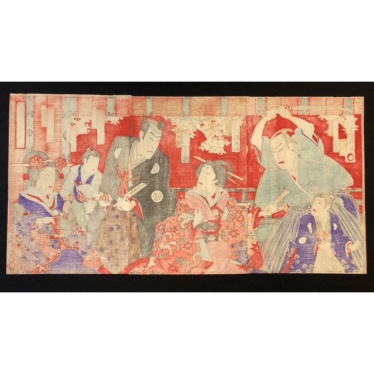 Reverse side of Utagawa Kunisada’s Japanese art print triptych, revealing aged washi paper and backing typical of authentic Edo-period Ukiyo-e prints.