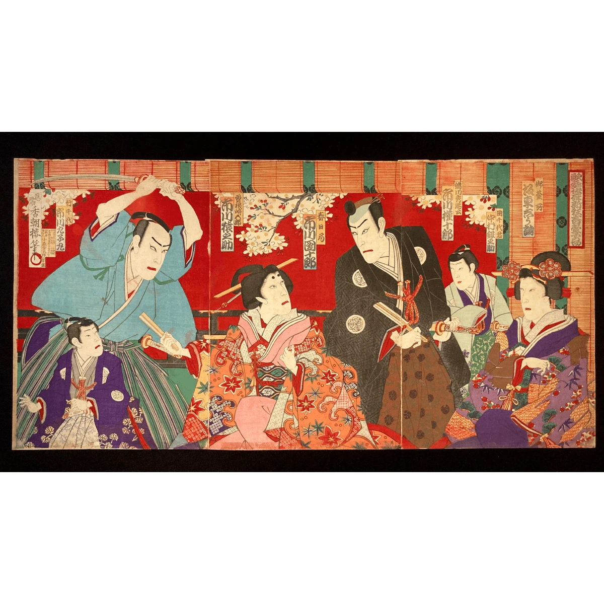 Colorful Japanese woodblock print triptych by Utagawa Kunisada showing an emotional Kabuki drama with samurai, a distressed woman in elaborate kimono, and richly detailed interior setting.