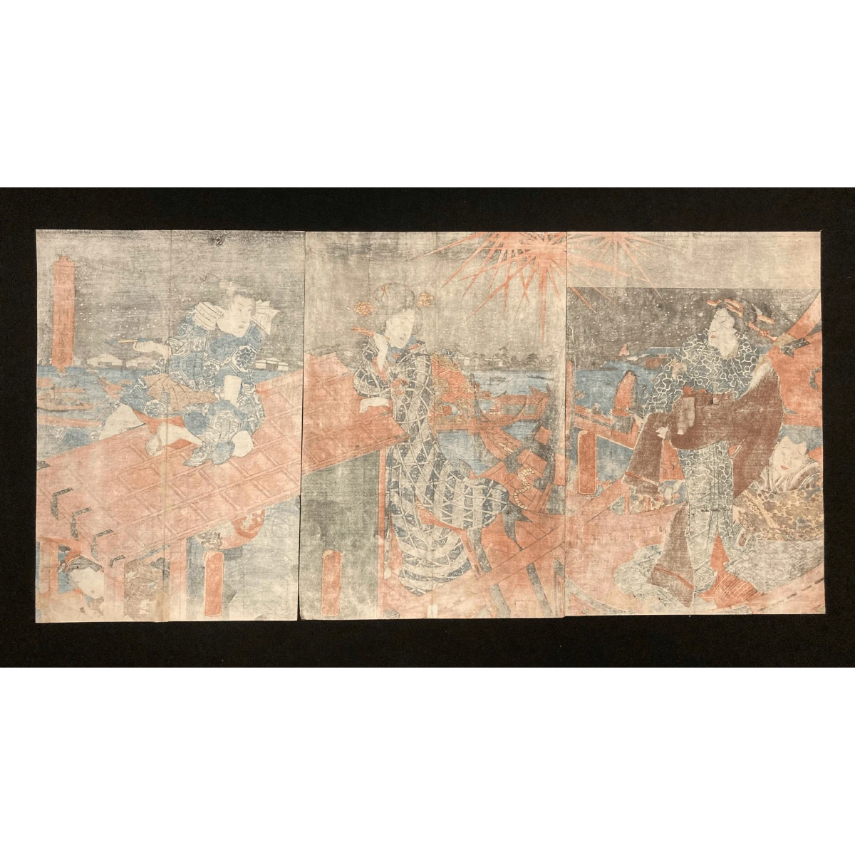 Reverse side of Kunisada’s Enjoying Fireworks triptych, thin washi paper with visible pigment bleed, traditional backing of a Japanese print.
