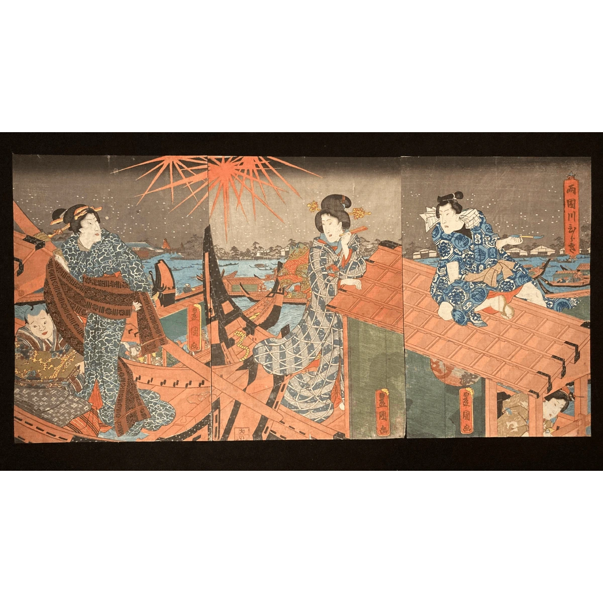 Enjoying Fireworks at the Ryogoku River Opening by Utagawa Kunisada, Japanese art print triptych showing women in kimonos on boats beneath fireworks at night.