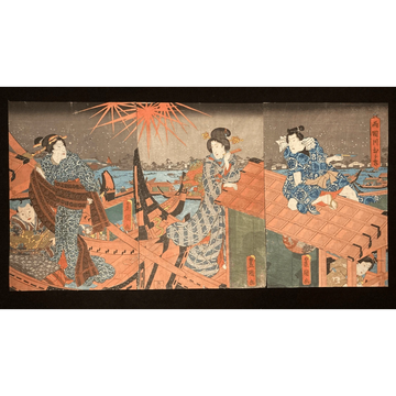 Enjoying Fireworks at the Ryogoku River Opening by Utagawa Kunisada, Japanese art print triptych showing women in kimonos on boats beneath fireworks at night.