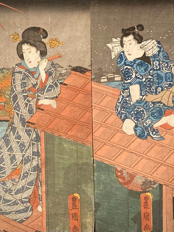 Close-up of Utagawa Kunisada’s ukiyo-e print showing detailed kimono patterns and subtle facial expressions as fireworks glow in the sky.