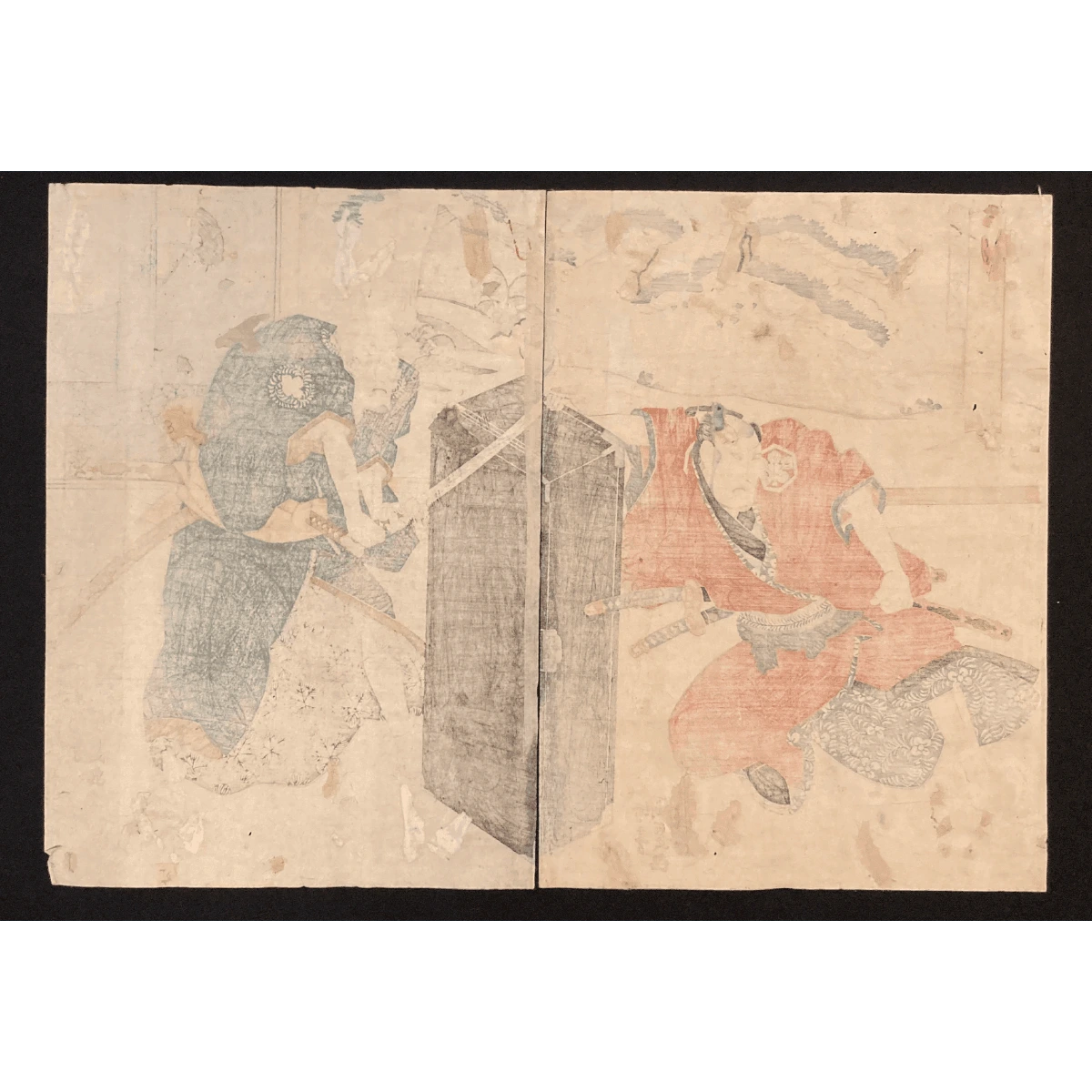 Reverse side of a vintage Japanese art print diptych, showing traditional washi paper texture and aged backing typical of Edo-period Ukiyo-e prints.