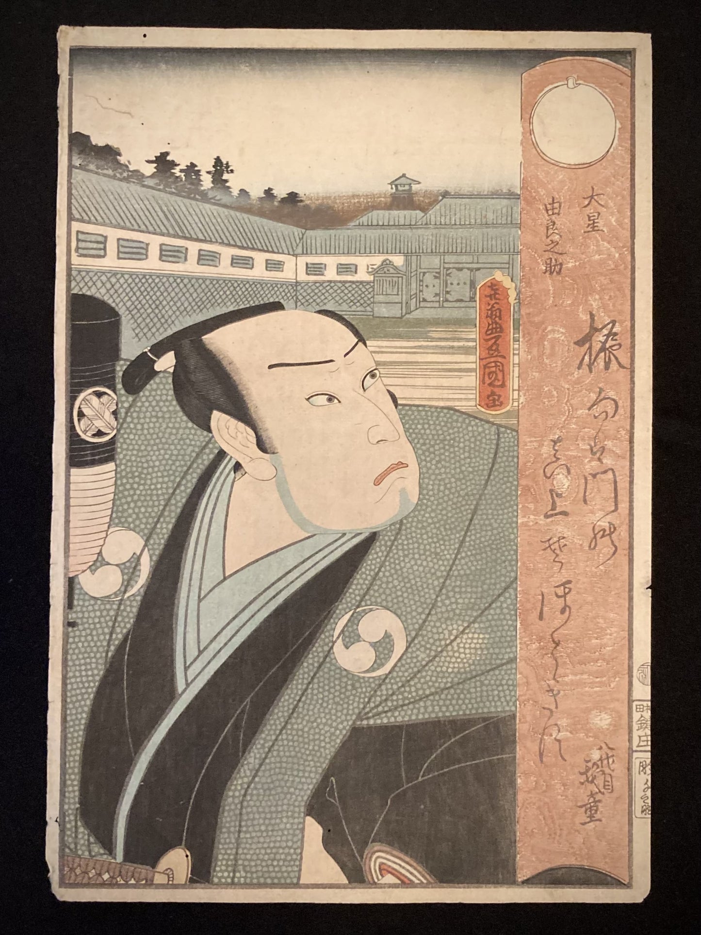 Full view of ukiyo-e woodblock print by Utagawa Kunisada featuring kabuki actor as Oboshi Yuranosuke in bust portrait, wearing a patterned samurai robe and topknot, against a muted architectural backdrop.