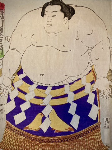 Close-up of Japanese art print by Utagawa Kuniteru showing intricate fringe and bird motifs on a sumo wrestler’s mawashi, highlighting craftsmanship and symbolism.