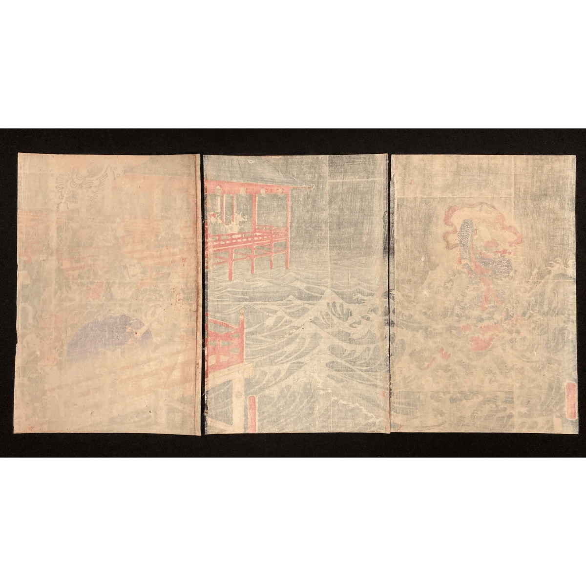Rear angle focused on temple platform figures observing the sea, with flowing banners, architectural details, and a glowing ocean scene beyond.