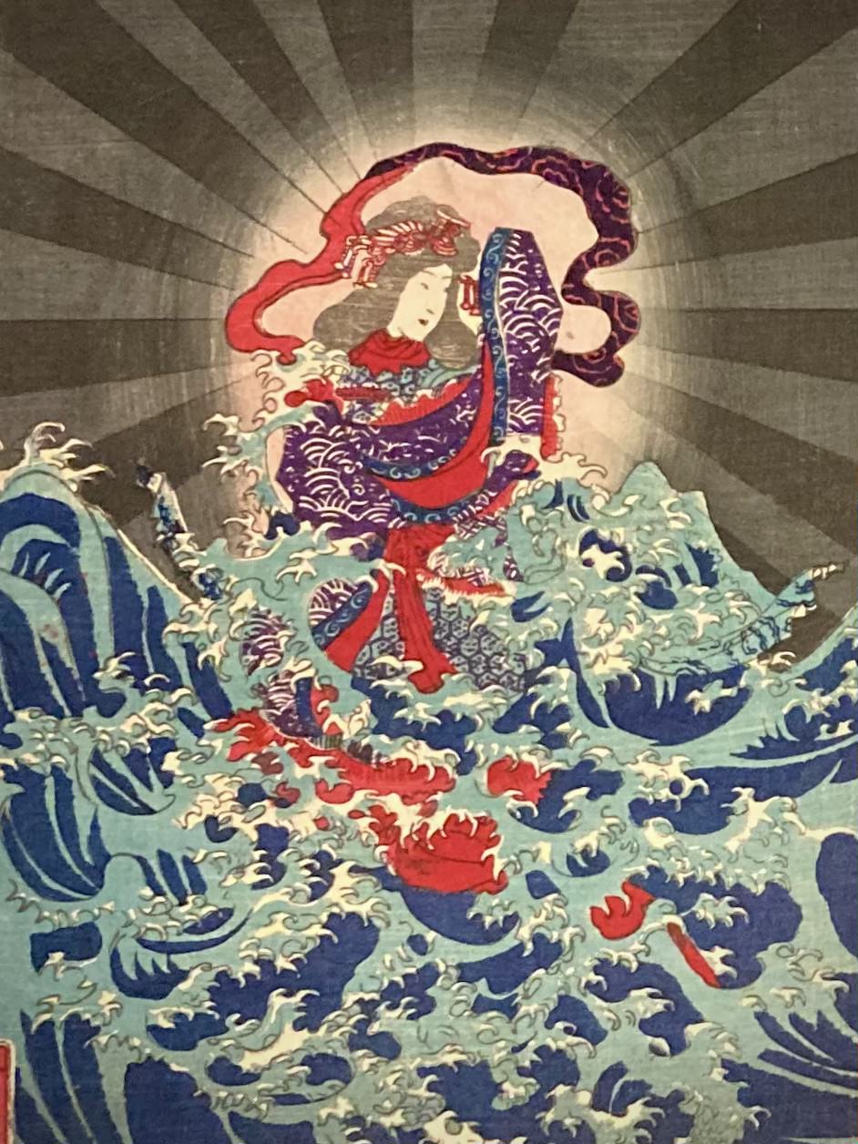 Close-up of a radiant female deity rising from ocean waves, her ornate robes flowing as light surrounds her supernatural form.